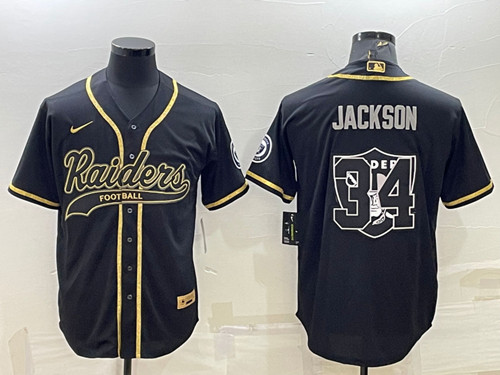 Men's Las Vegas Raiders #34 Bo Jackson Black Gold Team Big Logo With Patch Cool Base Stitched Baseball Jersey